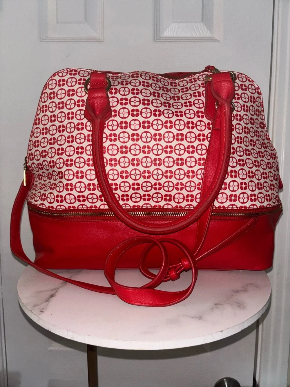 IMAN Red and White Patterned Shoulder Satchel